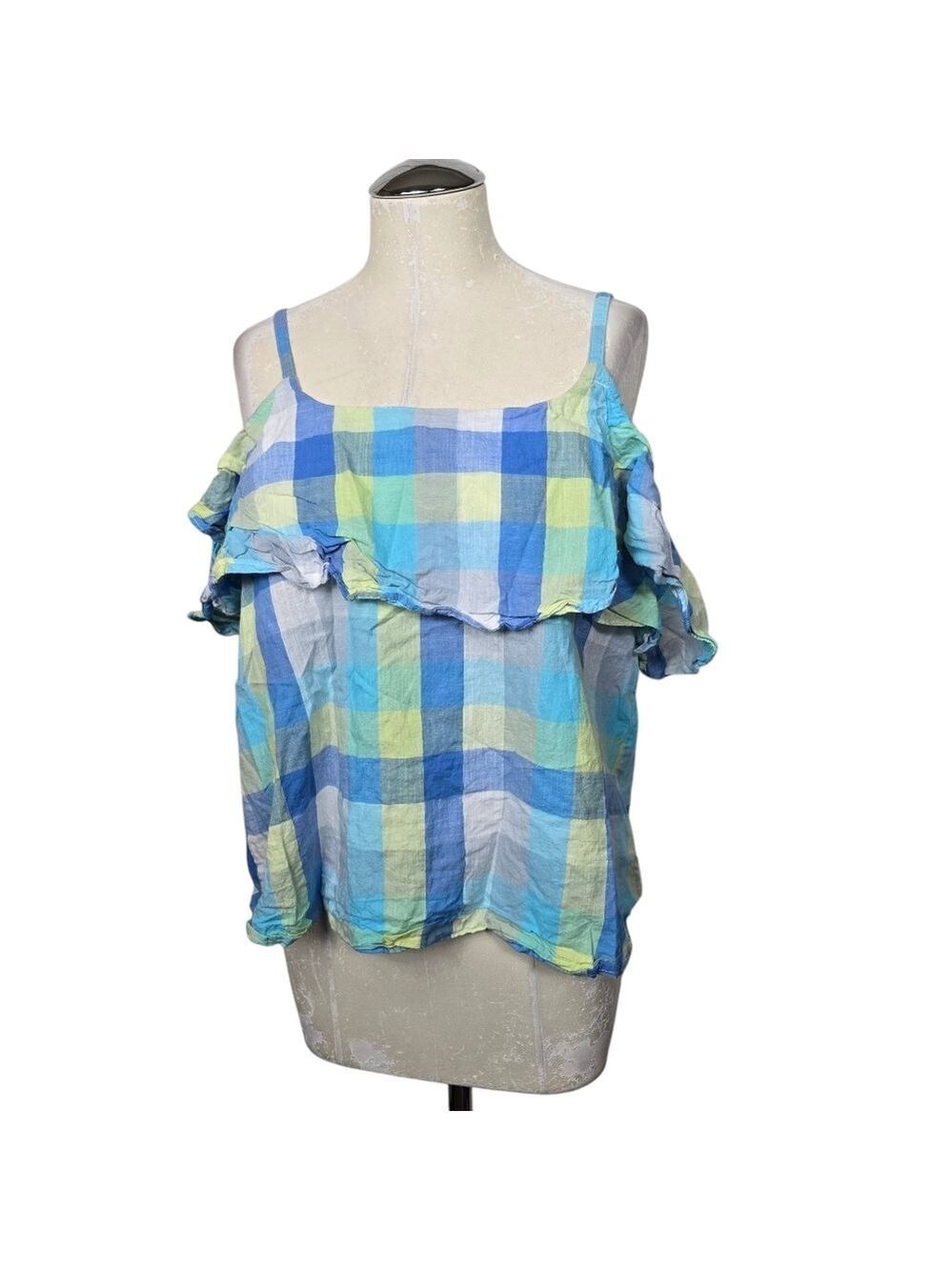 Bobeau Blue Yellow White  Plaid Cold Shoulder Top L